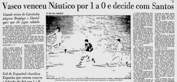 Jornal do Brasil destacando vitria sobre o Nutico em 1965