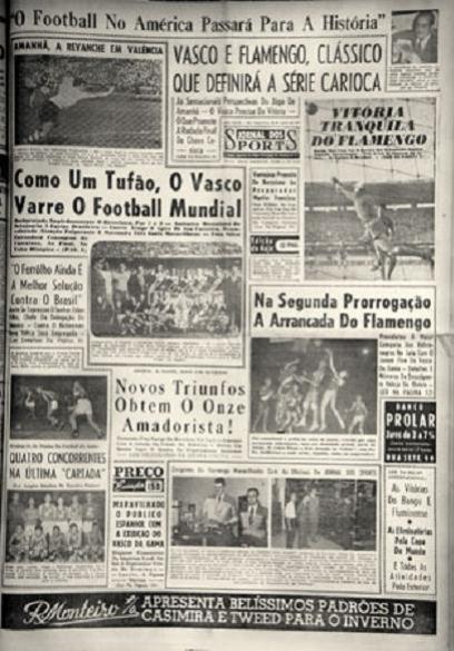 Capa do Jornal dos Sports: 'Como um tufo, o Vasco varre o football mundial'