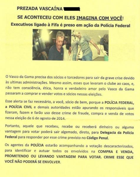 O site do grupo de Eurico Miranda publicou a carta annima que alguns scios receberam