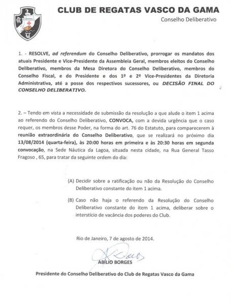 Veja a segunda pgina da convocao para a reunio do Conselho Deliberativo do Vasco