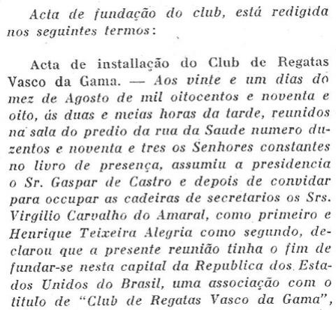 Trecho inicial da ata de fundao do Club de Regatas Vasco da Gama, em livro de 1927