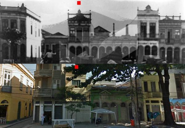 A foto de cima  de 1908 e, a de baixo, de 2011; o quadrado vermelho assinala o local de fundao do Vasco, na antiga Rua da Sade, hoje Rua Sacadura Cabral