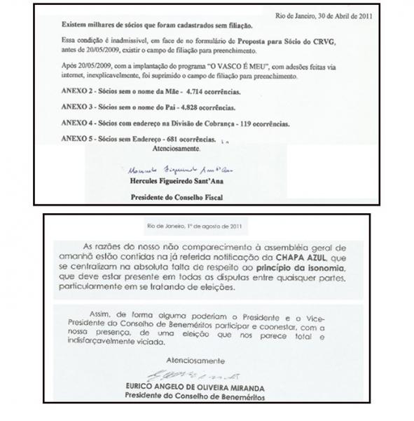 Trechos das cartas do Conselho Fiscal e de Eurico, que acusa eleies viciadas em 2011