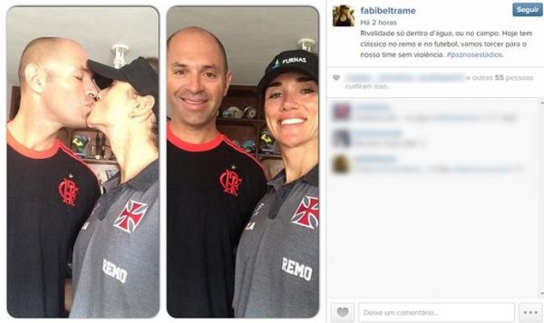Fabiana Beltrame o marido no clima de clássico