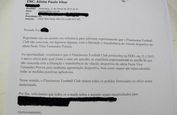Email de resposta do Flu sobre a condio de Paulo Vitor
