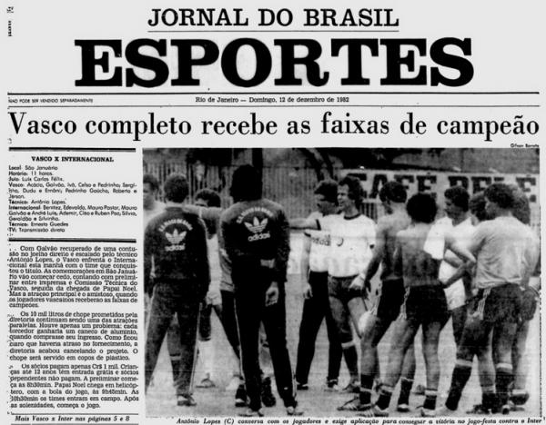 Jornal do Brasil anunciando Vasco x Inter s 11h de 12/12/1982