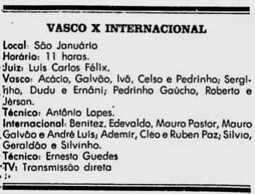 Jornal do Brasil anunciando Vasco x Inter s 11h de 12/12/1982