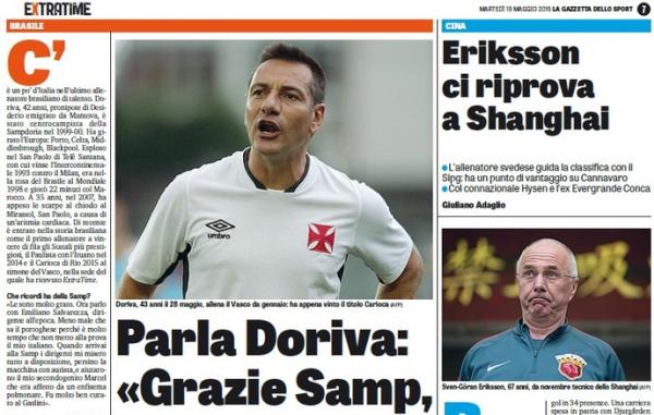 'Parla Doriva': ao lado do sueco Eriksson, Doriva  destaque na Gazzetta Dello Sport