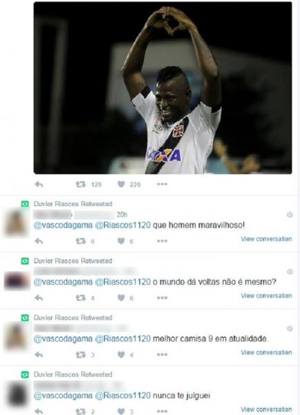 Riasco retwitou alguns elogios aps assumir a artilharia do Campeonato Carioca