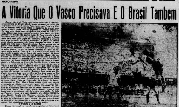 Mrio Filho celebrou a primeira vitria do Vasco em artigo com imagem de lance do Maracanazo