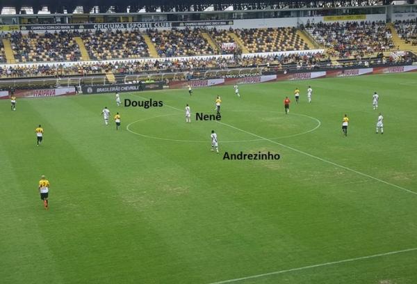 Linha de trs meias do Vasco no incio do jogo, com Douglas e Andrezinho pelas pontas