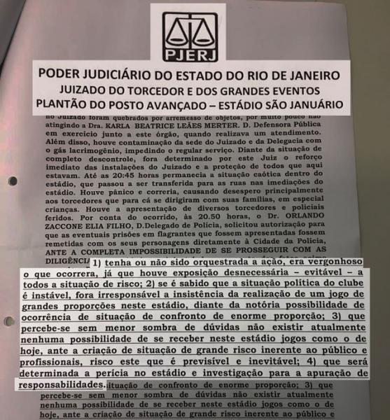 Ata do Plantão Judiciário diz que o que ocorreu foi 'vergonhoso' e que houve 'exposição denecessária - e evitável - a todos a situação de risco' em São Januário