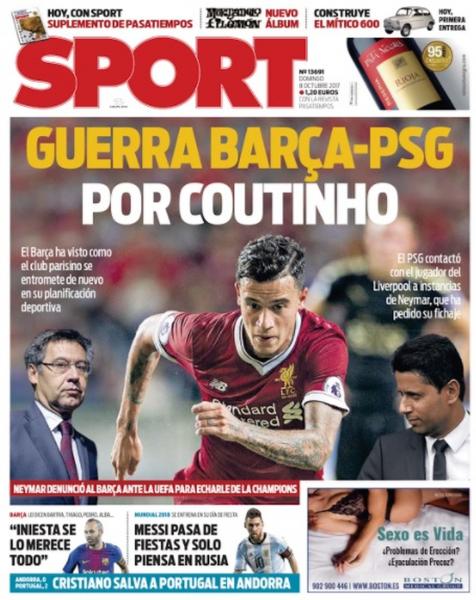 Capa do jornal Sport com a disputa entre Barcelona e Paris Saint-Germain por Philippe Coutinho