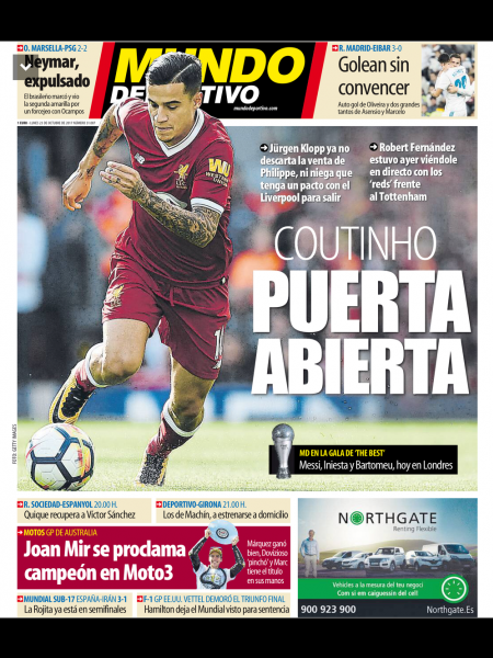 Philippe Coutinho volta a ser manchete na manchete do Mundo Deportivo