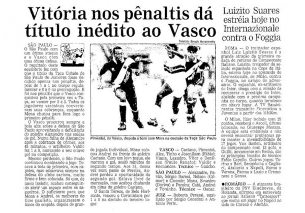 Título vascaíno foi destacado no Jornal O Globo do dia 26 de janeiro de 1992