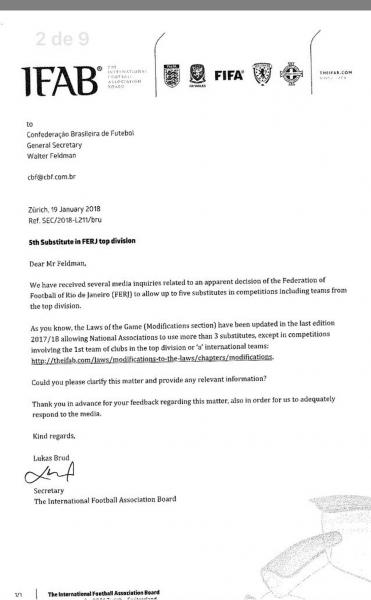 O documento enviado pelo IFAB à CBF sobre as cinco substituições no Campeonato Carioca