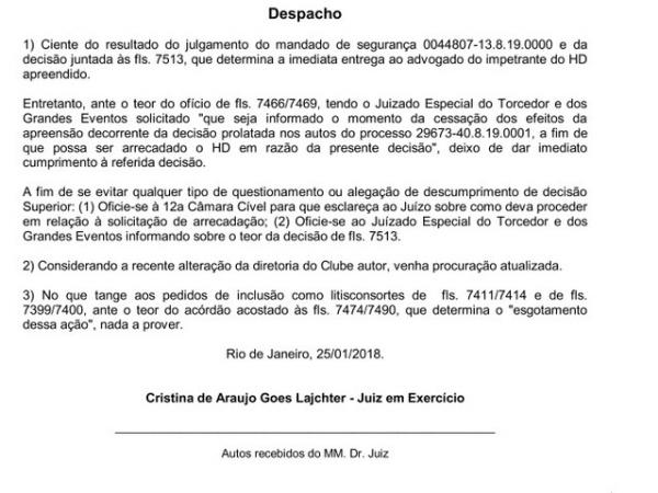 Juíza contraria a decisão do desembargador e não libera o HD para os advogados do Vasco