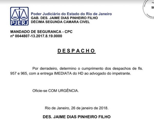 Desembargador ratifica sua decisão e pede urgência na devolução do HD ao Vasco