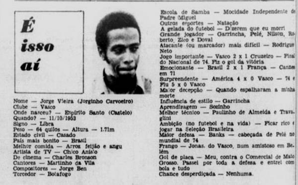 Entrevista com Jorginho Carvoeiro no Jornal dos Sports, em 1975