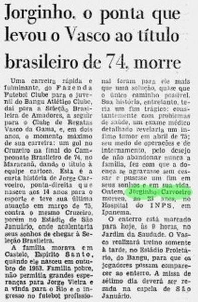 Nota no Jornal do Brasil informando sobre a morte de Jorginho Carvoeiro