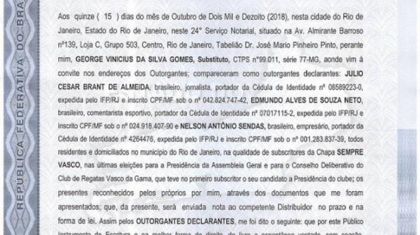 Grupo Sempre Vasco registrou em cartório compromisso com empréstimo