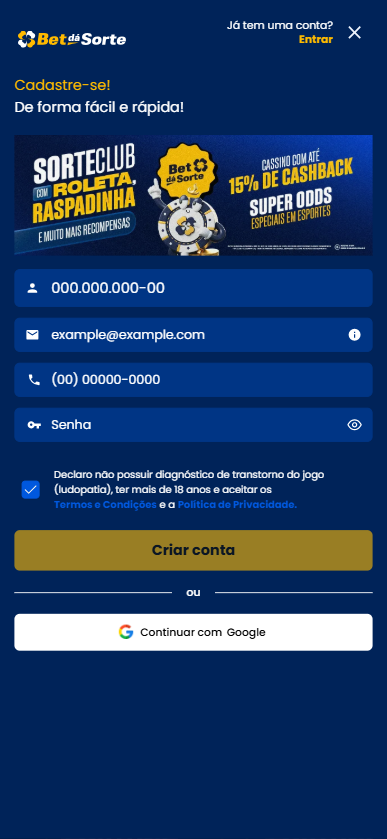 bet d&aacute; sorte cadastro