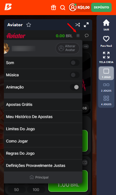 menu jogo aviator