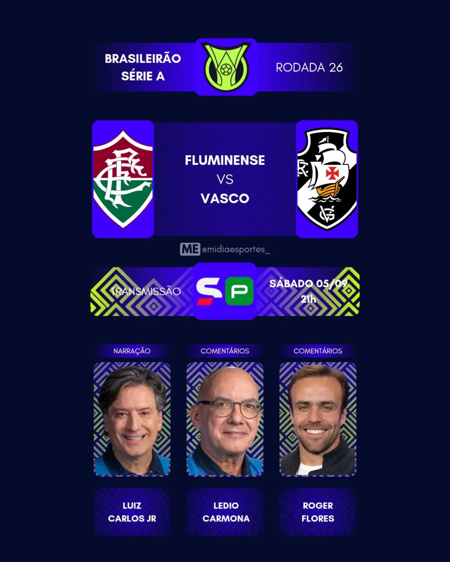 Confira os profissionais que trabalharão na transmissão de Fluminense x Vasco pela TV