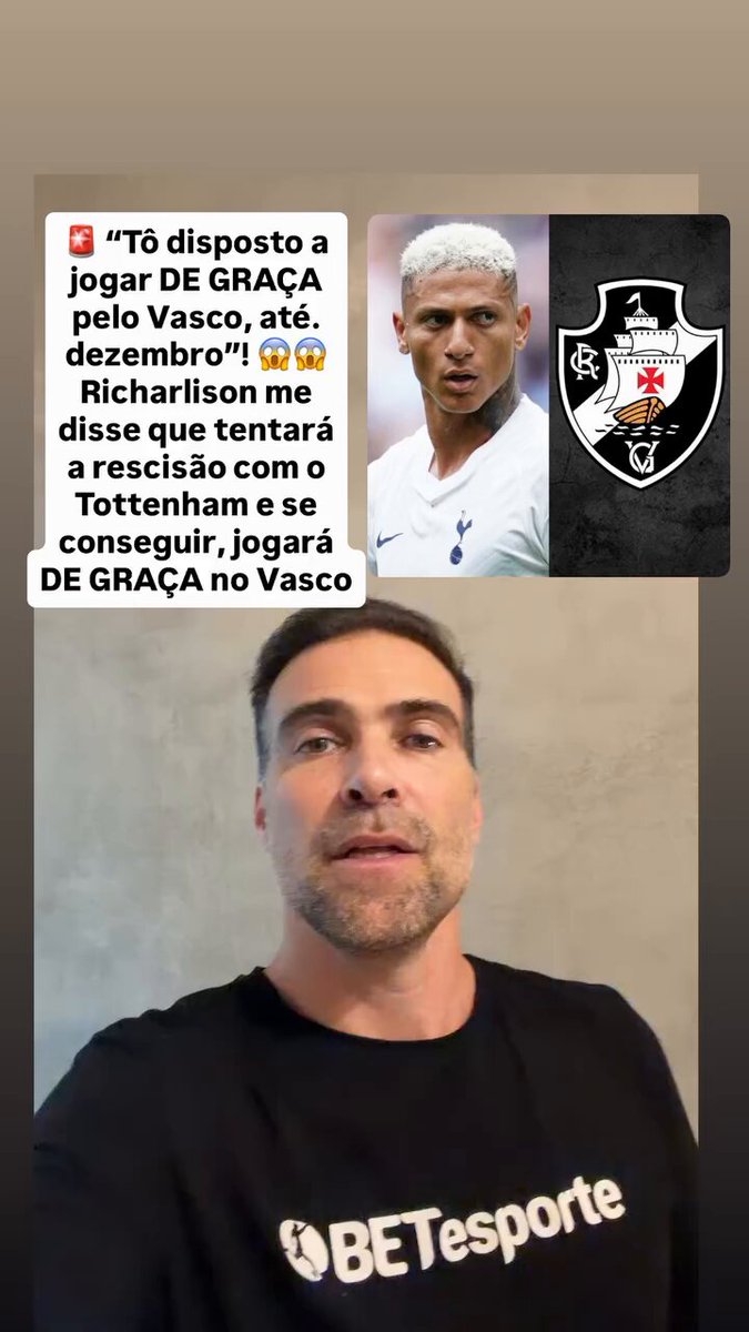 Richarlison diz a jornalista que gostaria de rescindir com o Tottenham e jogar de graça pelo Vasco até o fim do ano
