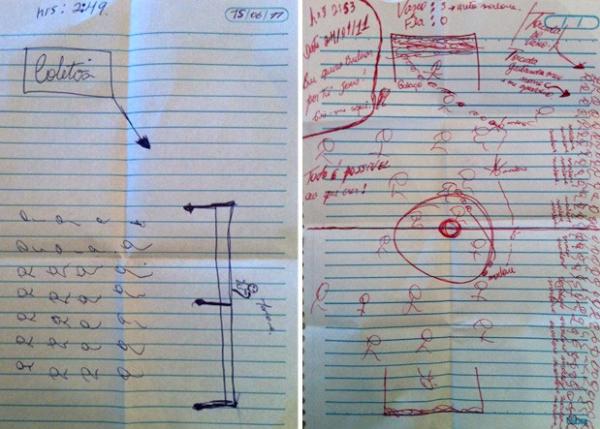 Rabiscos e sonhos na madrugada:  esquerda, o desenho de Marlone em coletiva de imprensa. Na outra figura, ele dribla metade do time do Flamengo e faz um dos gols da goleada vascana