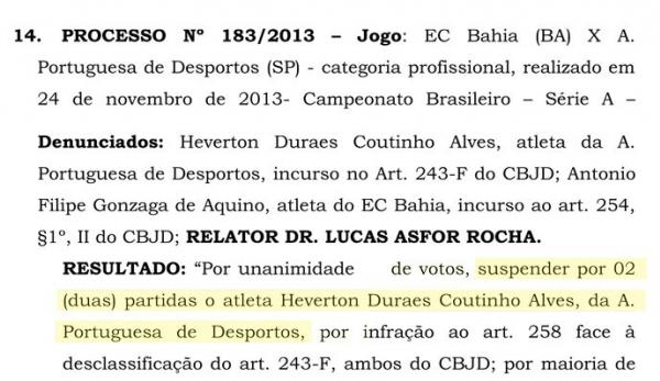 Trecho indica a punio de dois jogos a Heverton no julagamento de sexta-feira