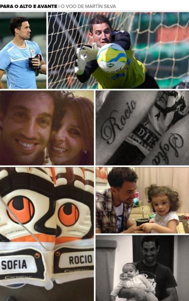 Martin Silva e seu inseparvel chimarro em treino da seleo do Uruguai, voando no treino do Vasco, com a mulher Paola e exibindo as tatuagens e homenagens nas luvas para as filhas Rocio e Sofia