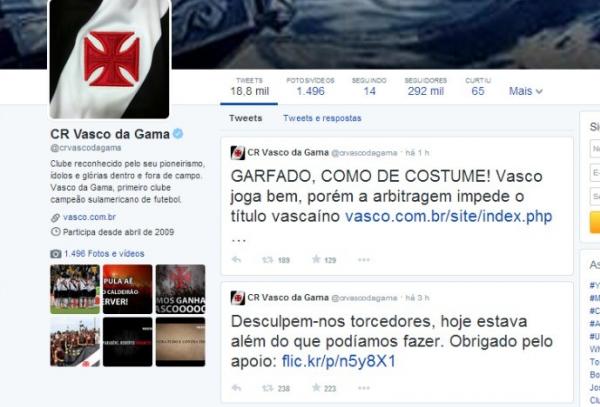 Perfil oficial do Vasco no Twitter mostra revolta com resultado da final do Campeonato Carioca