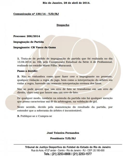 Documento com a deciso do TJD/RJ foi publicado nesta tera-feira no site da Ferj