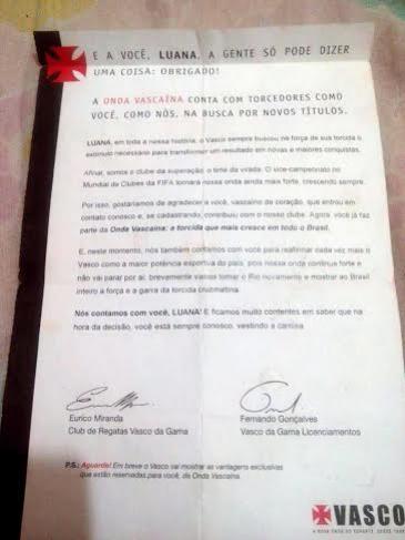 Carta recebida pelos vascanos que se cadastravam na 'Onda Vascana'