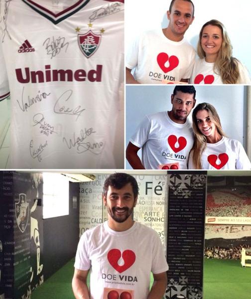 No sentido horrio: a camisa doada pelo tricolor Fred, o botafoguense Lucas, o rubro-negro Andr Santos e o vascano Douglas apoiando a campanha 