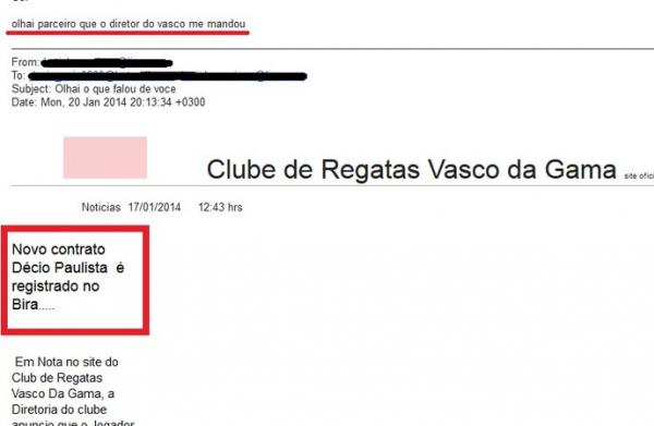 E-mail enviado por D�cio a Carlos com uma reportagem jornal�stica falsa. Detalhe para os in�meros erros de ortografia
