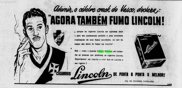Ademir Menezes em anncio dos cigarros Lincoln nos anos 1940-50