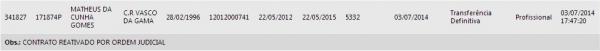 Contrato de Matheus ndio reapareceu no BIRA da FFERJ