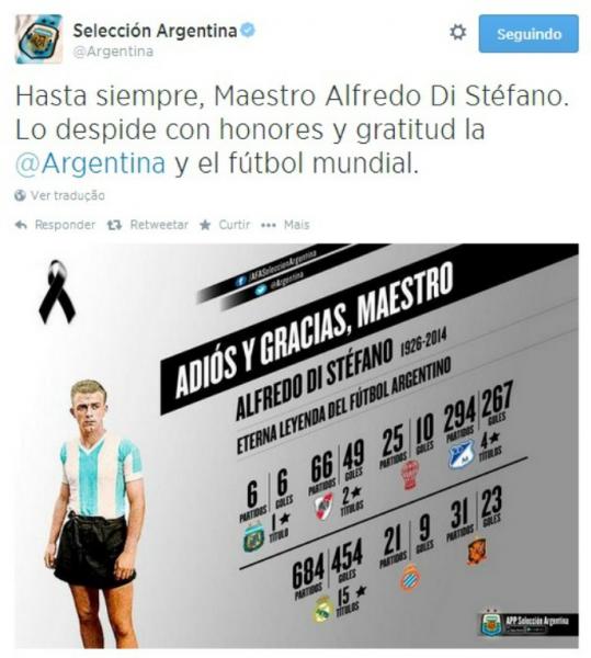 Homenagem a Di Stfano no Twitter da Seleo Argentina