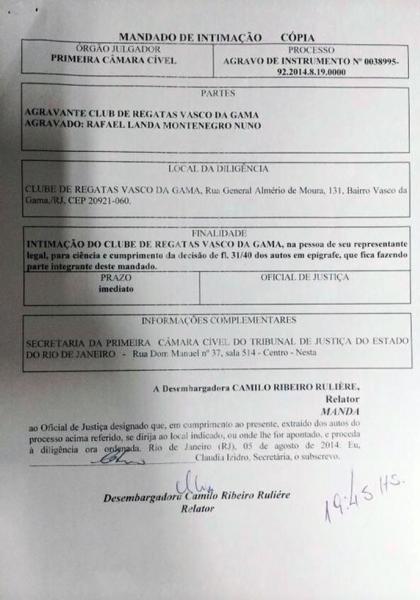 O mandado de intimao do desembargador Camilo Ruliere