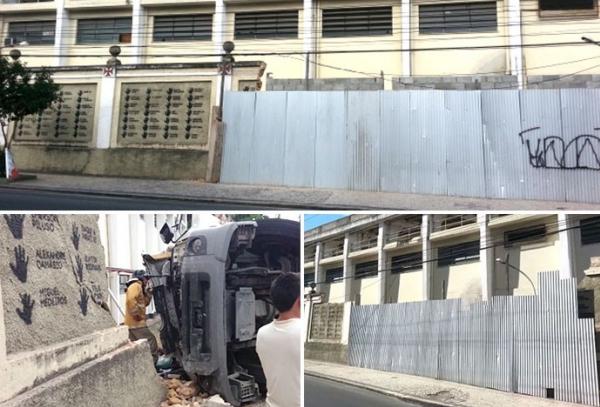 Acima, o muro sendo reconstrudo depois do caminho e 11 meses coberto por tapumes
