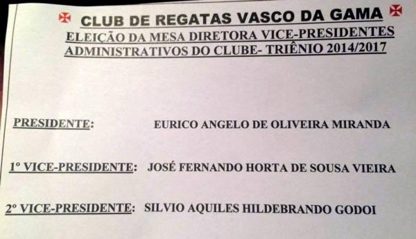 Cdula da chapa Volta Vasco! Volta Eurico! para a eleio da Diretoria Administrativa