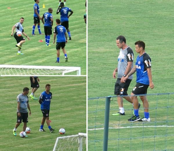 Bernardo bate-bola com Doriva, fala ao p do ouvido com Valdir e tem a companhia do preparador