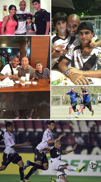 Guiazu com Erika, sua mulher, os filhos Matias e Lucas, que viraram autnticos vascanos, e os pais Juan e Gladis. Na ltima foto, uma de suas marcas registradas, o carrinho