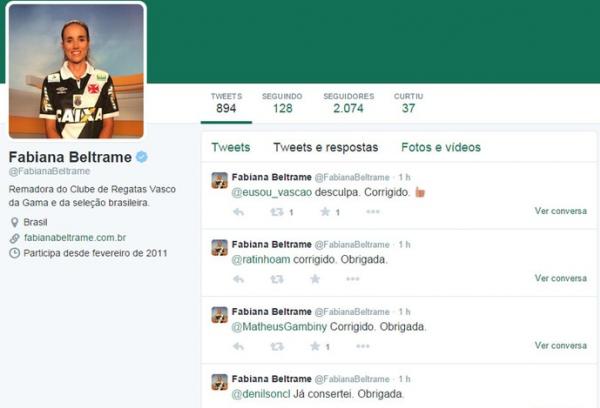Fabiana Beltrame atualizou seu perfil na conta do Twitter