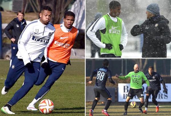 Nova vida na Internazionale: Guarn conduz a bola, com talo na marcao. Acima  direita, Mancini orienta o jogador, que j treinou ao lado de Hernanes (camisa 88)