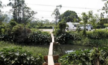 onte de madeira liga a rea destinada s construes dos Centros de Treinamento do Vasco e Botafogo  Estrada Vereador Alceu de Carvalho