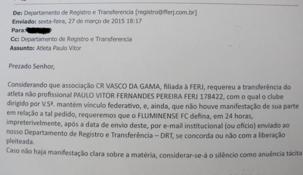 Email da Ferj cobrando o Flu sobre a situao de Paulo Vitor