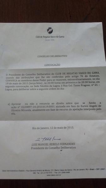 Convocao do Conselho Deliberativo do Vasco